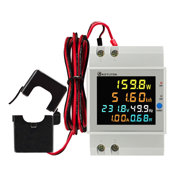 KETOTEK Power Meter Din Rail Single Phase, 2 Channels with 2 x 100A CT