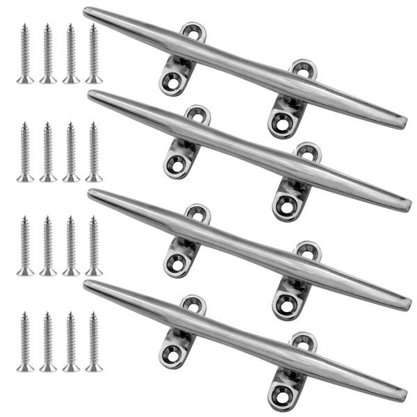 ORLANG 8 Inch 316 Stainless Steel Boat Cleats, Open Base Dock Cleats with Fasteners, Boat Dock Cleats Rope Cleat for Boat Docks, Decks or Nautical Decor (4 Pack)