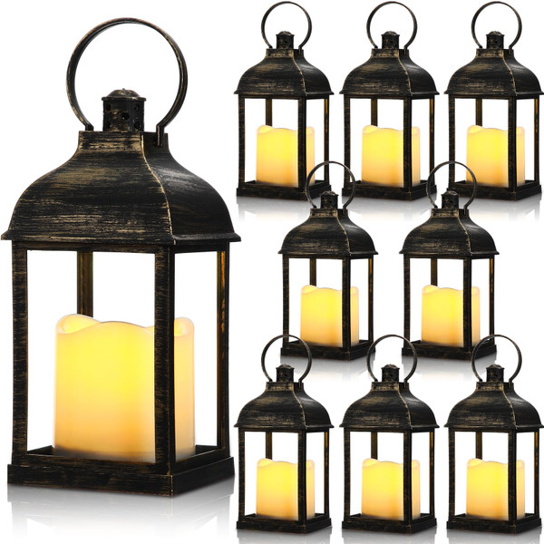 Kittmip 8 Pcs 10 Inch Dark Bronze Decorative Candle Lantern Bulk for Wedding Centerpieces Bronze Lanterns with LED Flameless Candle Indoor Outdoor Battery Powered Hanging Lights for Wedding Party