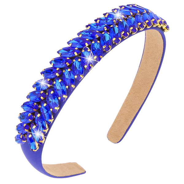 Wecoe Royal Blue Rhinestone Headband Women Girls Fancy Sparkly Bling Glitter Crystal Leaf Shape Diamond Jeweled Embellished Headband Hairband Holiday Formal Hair Accessories Gifts