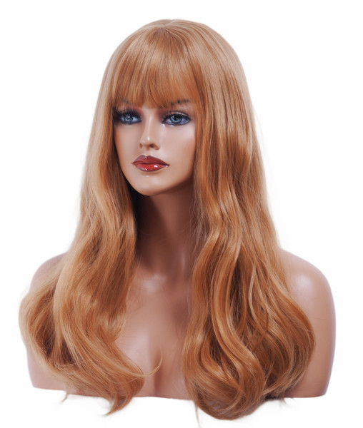 NJJYXH 22 Inches Strawberry Blonde Wigs for Women Long Wavy Wig with Neat Bangs Synthetic Natural Ginger Wig for Cosplay,Halloween,Daily Use