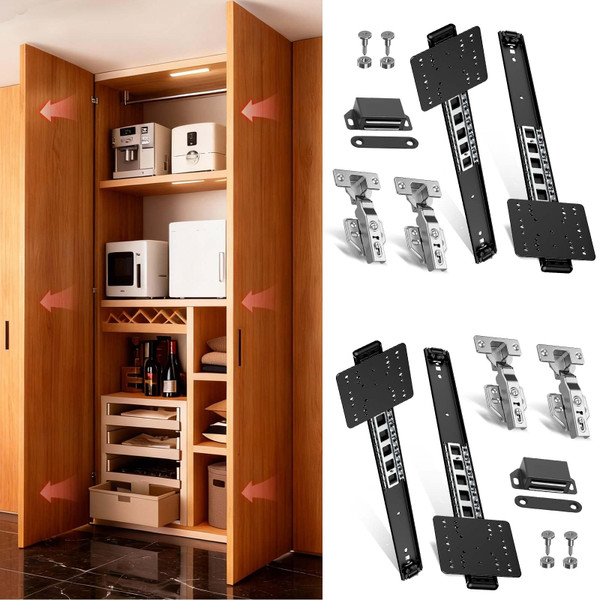 Mdkave 16inch Pocket Door Slides with Hinges,Pocket Cabinet Door Hardware Kit,Space Saving Sliding System for Cabinets (16inch,1Set)