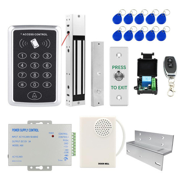 Door Access Control System Kit RFID Keypad 280KG/600lbs Electric Magnetic Door Lock Kit Home Security System 110-240V AC to 12v DC 3A 36w Power Supply with Exit Button Doorbell Chime Remote Control
