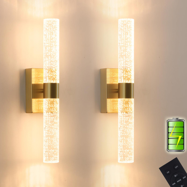 Amansour Battery Operated Wall Sconces Set of 2: Rechargeable Battery Powered Gold Wall Lamp, Dimmable Wall Lights Fixtures for Living Room/Bathroom 15.3in (2 Pack)