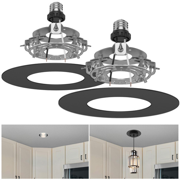 YIIZON 5 and 6 inch Recessed Can Light Conversion Kit, Ceiling Light Fixture Upgrade, Pendant & Hanging, 7¾ Inch Flat Steel Ceiling Medallion, Black Finish 2 Packs