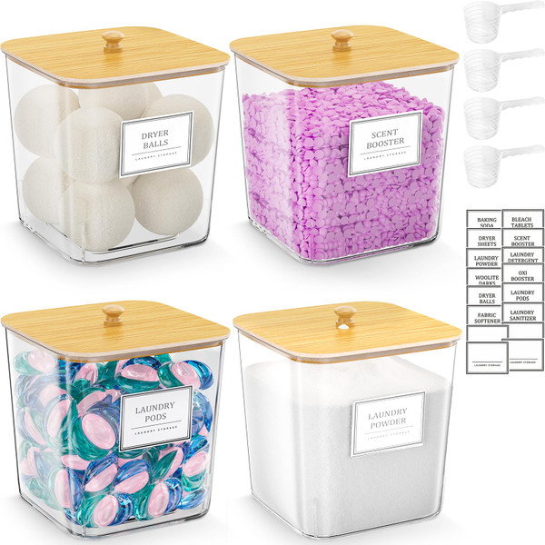 HomePekite Laundry Pods Storage Container, Clear Acrylic Laundry Room Organization and Storage ,Detergent Powder Container,with Wooden Lids & Labels, 4 Pack