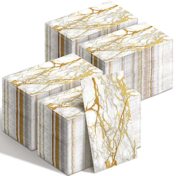 Geyoga 400 Pcs Marble Guest Napkins 2 Ply Disposable Guest Bathroom Paper White Gold Decorative Napkins Marbleized Hand Towels for Home Bathroom Kitchen Party Table Decor