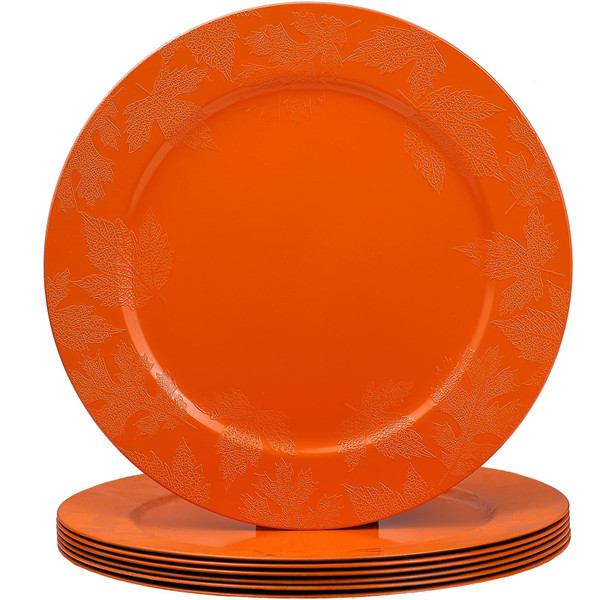 Omuriko Orange Fall Leaves Charger Plates Set of 6, 13" Maple Leaves Plastic Chargers for Dinner Plates, Thanksgiving, Fall Theme Party Banquet Serveware Supplies