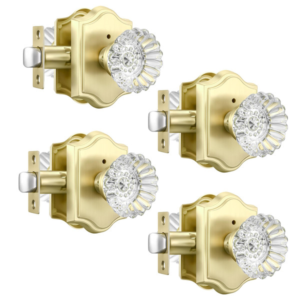 Heittis 4 Pack Crystal Privacy Door Knob, Heavy Duty Crystal Door Knobs Privacy Interior Gold Door Knob for Bathroom & Bedroom,Satin Brass Finished