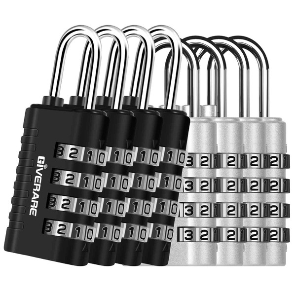 8 Pack Combination Lock, 4-Digit Padlock Keyless, Resettable Metal Luggage Locks, Weatherproof Alloy Travel Lock for Backpack, Gym, School, Locker, Fence, Gate, Hasp, Case, Black Silver-by GIVERARE