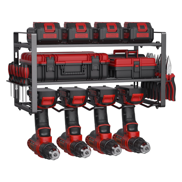 Power Tool Organizer Wall Mount, 3 Layers Heavy Duty Metal Storage Rack with 4 Drill Holders for Garage Organization, Storage Rack for Cordless Drill, Tool Shelf for Garage/Workshop/Pegboard/Shed