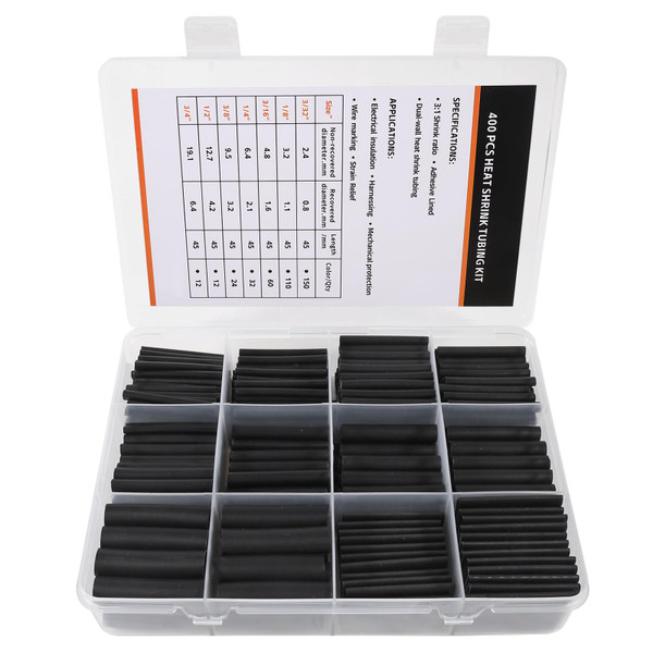 400PCS Heat Shrink Tubing Kit - 3:1 Ratio Adhesive Lined, Marine Grade Shrink Wrap Industrial Heat-Shrink Tubing Premium Large Electrical Waterproof Heat Shrink Tape-Black