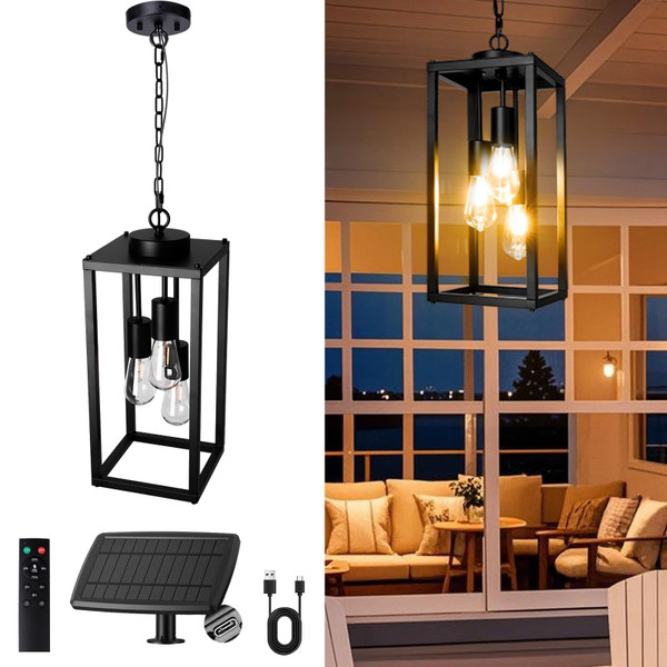 TWINKVILLA Solar Chandelier Outdoor, 3-Light 14" Rustic Farmhouse Waterproof Dimmable Hanging Pendant Lights for Gazebo, Pergola, Canopy, Porch, Patio Decor