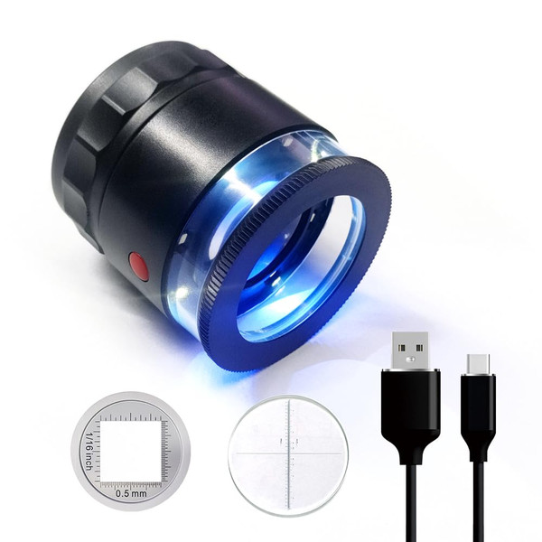 10x Loupe Magnifier Rechargeable Jewelers Loupe with UV and LED Lights, Illuminated Eye Loop Adjustable Focus Jewelry Magnifying Glass with Detachable Reticle Scale for Gemstones Identification