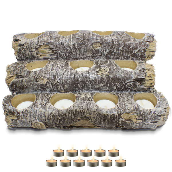 Castaway Faux Fireplace Logs Fireplace Candle Holder. Fake Fireplace Logs with Lights Included. Realistic Fireplace Log Holder Plus 12 Fireplace Candles. Rustic Decor Wood Log Candle Holder