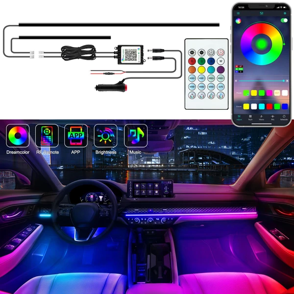 Jushope Interior Car LED Strip Lights, Acrylic LED Lights for Car with Dynamic Dreamcolor Chasing, Ambient Lighting Kits Music Sync Wireless APP and RF Remote Control (43.5+14.5'')
