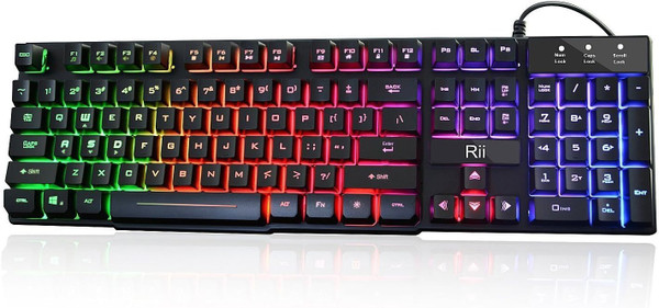 Rii RK100+ Multiple Color Rainbow LED Backlit Large Size USB Wired Mechanical Feeling Multimedia PC Gaming Keyboard,Office Keyboard for Working or Primer Gaming,Office Device(New RK100+)