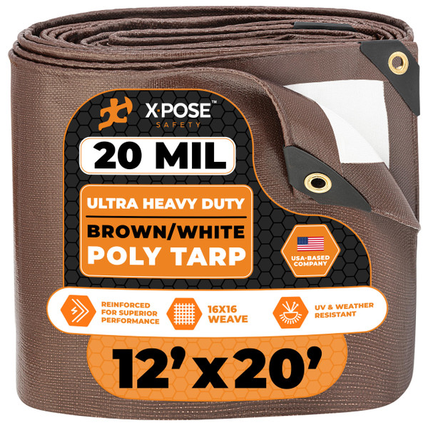 Xpose Safety 12' x 20' Ultra Heavy Duty Tarp - 20 Mil Waterproof Tarps for Camping, Outdoor Adventures & Tent Cover, UV Protection, Reinforced Corners, All-Weather Durability