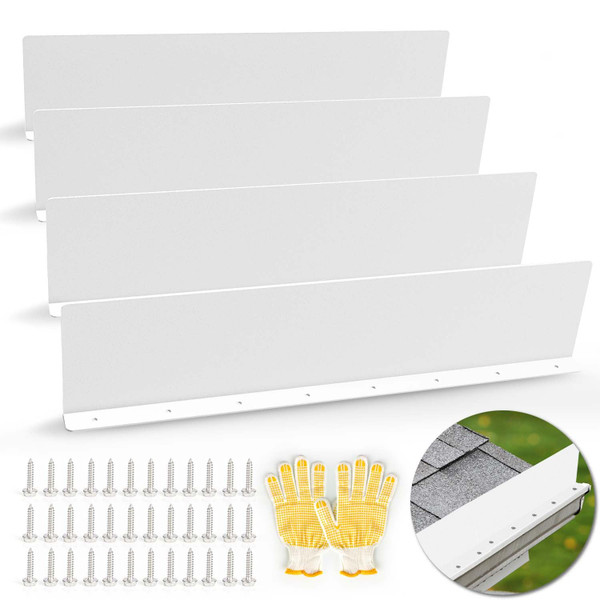 Gutter Valley Splash Guards, 15.7 x 3.5 Inch 4 Pack Gutter Guard, Aluminum Rain Gutter Guard Downspout Rain Diverter for Roof Shingle, Rain Drip Guard for Straight House (White)