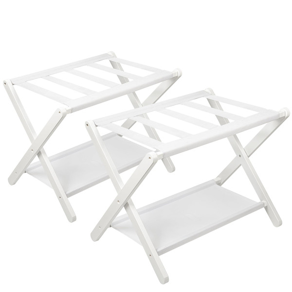 VASMIA Luggage Rack, Folding Suitcase Stand with Storage Shelf Set of 2, Bamboo Luggage Stand for Guest Room,Bedroon and Hotel,Holds up to 131 lb,Fit Most Luggage Size,White