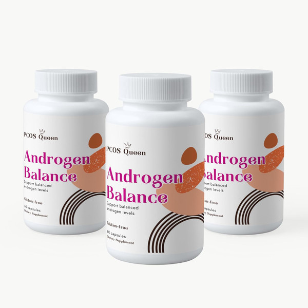 PCOS Queen Androgen Balance - Hormone Balancing Supplement for Women - Support for Excess Body Or Facial Hair, Balding, Fertility (3 Bottles)