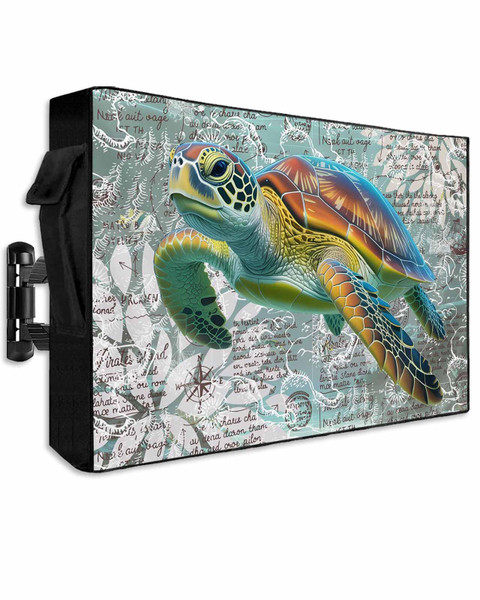 Ocean Outdoor TV Cover 43 Inch Weatherproof, Sea Turtle Nautical Map TV Covers for Outside, 600D Thick Waterproof Outdoor TVs Screen Protector with Zipper for 40 to 43 inch Screens