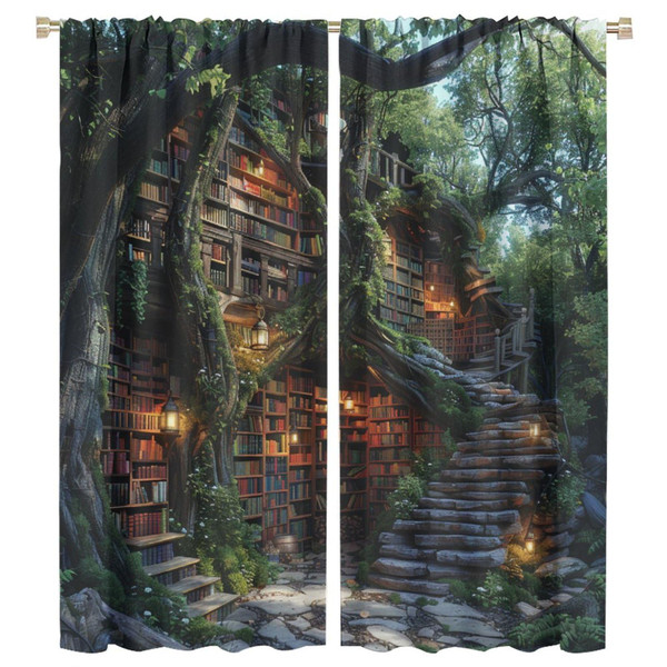 HDESDIS Tree Branch Library Blackout Curtains for Bedroom/Living Room, Fantasy Green Leaf Plant Bookshelf Thermal Insulated Curtains Rod Pocket Window Drapes, 2 Panels/Each 21" W x 45" L