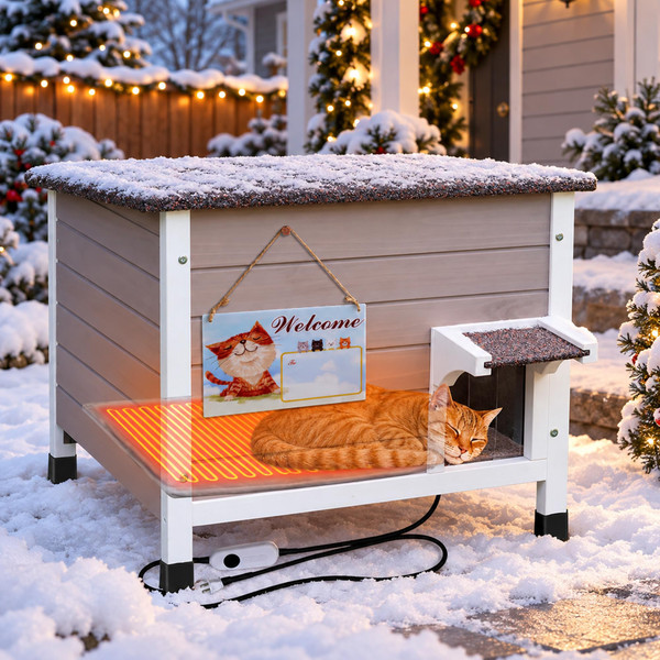Outdoor Cat House with Heated Pad, Weatherproof Shelter for Cats