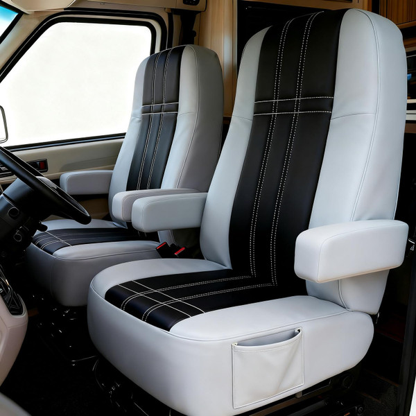 BeadChica RV Seat Covers Captains Chairs,Motorhome Seat Cover 2PCS for Class-A RV Seat with Arm Rest Covers (Black&Grey)