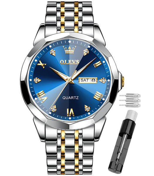 OLEVS Watch for Men Diamond Business Dress Analog Quartz Stainless Steel Waterproof Luminous Date Two Tone Luxury Casual Wrist Watch, Blue Watch for Men