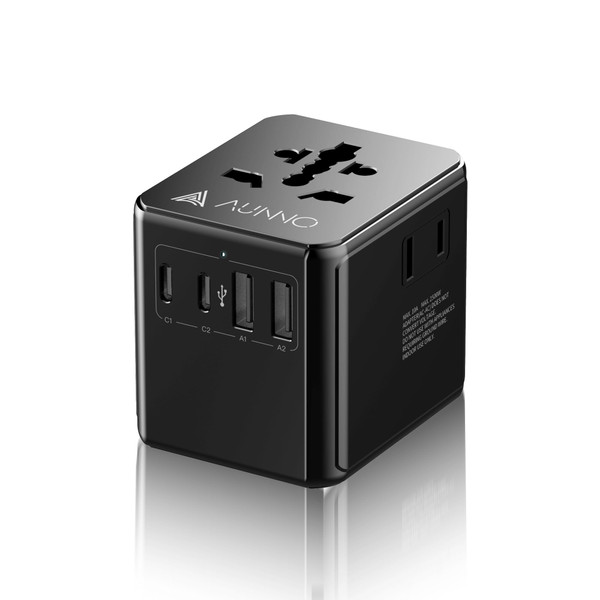 AUNNO Universal Travel Adapter, Travel Plug Adapter with 2 USB C and 2 USB Ports, with Extra Two USA 2Pin Sockets, UK to European Power Universal Plug Adaptor for EU USA Australia