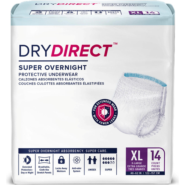 Dry Direct Super Overnight Underwear, Soft Cloth-Like Adult Diapers, Overnight Disposable Incontinence Protection - X-Large (Pack of 14) Dry Direct Super Overnight Underwear, Soft Cloth-Like Adult Diapers, Overnight Disposable Incontinence Protection - X-Large (Pack of 14)