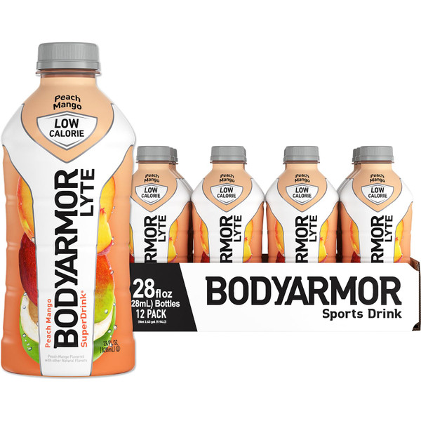 BODYARMOR LYTE Sports Drink Low-Calorie Sports Beverage, Peach Mango, Coconut Water Hydration, Natural Flavors With Vitamins, Potassium-Packed Electrolytes, Perfect For Athletes 28 Fl Oz (Pack of 12)