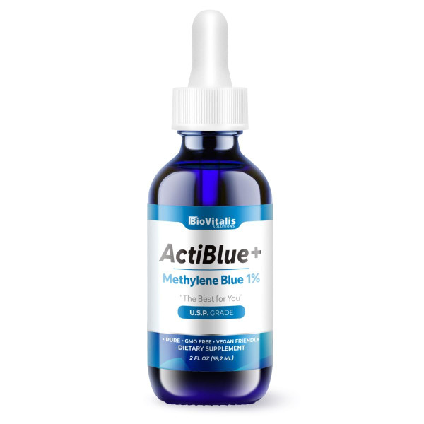 Biovitalis Solutions Actiblue+ Methylene Blue 1% : Methylene Blue ISO Certified Third Party Lab Tested 99,9% No Formaldehyde No Alcohol No Gluten&GMO(2Fl.Oz)