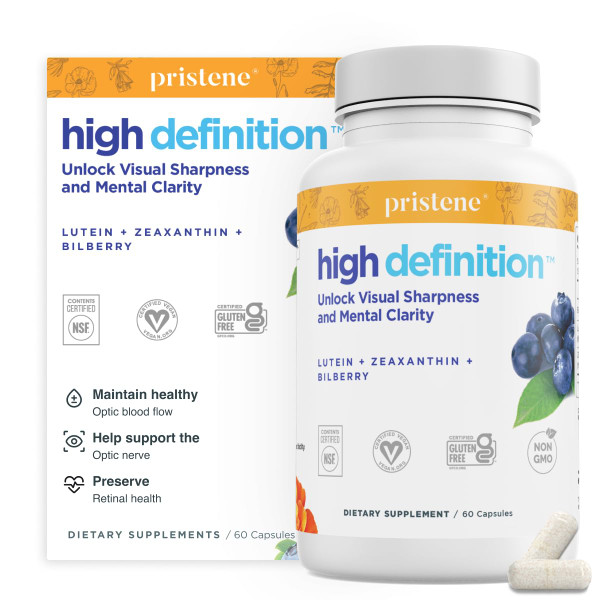 High Definition Brain + Eye Vitamins for Memory, Focus & Concentration, Lutein & Zeaxanthin (25mg/5mg) to Protect Your Eyes from Blue Light & Screens, Bilberry Supplement for Eyes to Support BDNF