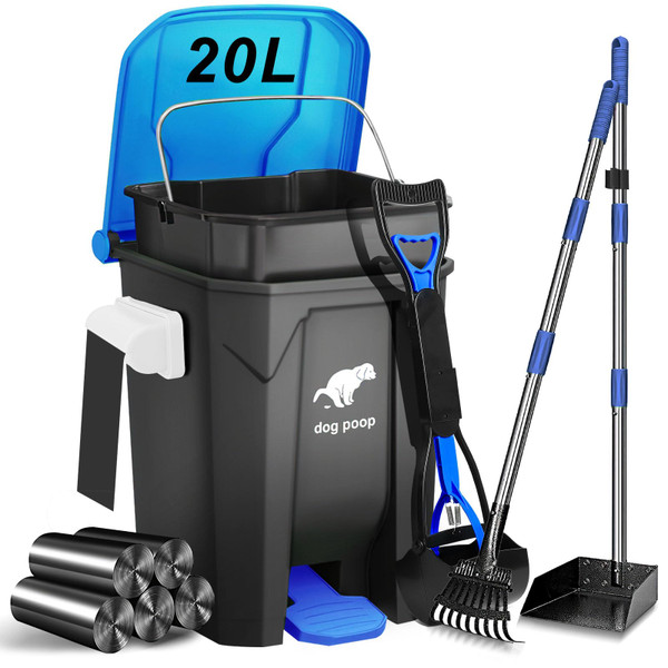 Uppcasir Dog Poop Trash Can Outside with Pooper Scooper and Metal Rake & Tray, 20L/5Gal Dog Waste Trash Can with Lid, Pedal and Removable Inner Waste Bin, Pet Poop Bin with 100 Bags, Blue