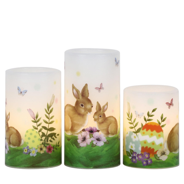 Eldnacele Easter Bunny Flameless Flickering Candles with 6H Timer Battery Operated Real Wax Candles Easter Eggs Lilies Rabbits Home Decor 4”5”6”H (3”D)