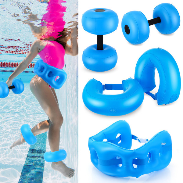 RoundFunny 5 Pcs Water Workout Combo Set Includes PVC Water Dumbbell Weight Swimming Float Belt Soft Padded for Aerobics, Pool Fitness, Exercise(Blue,Classic Style)
