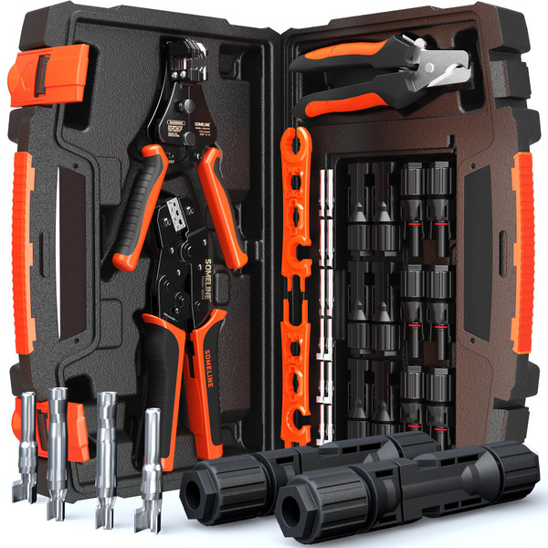 SOMELINE Solar Connector Crimping Tool Kit, 14-10 AWG Crimper for Solar Panel Cables Connectors, Toolbox Kit with 6 Pairs of Solar Connectors and Wrenches, Strippers, Crimpers and Cable Cutter SOMELINE Solar Connector Crimping Tool Kit, 14-10 AWG Crimper for Solar Panel Cables Connectors, Toolbox Kit with 6 Pairs of Solar Connectors and Wrenches, Strippers, Crimpers and Cable Cutter