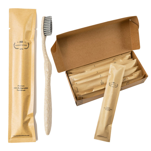 Bleeker and Rowe Biodegradable Eco-Friendly Toothbrushes - Individually Sealed - BPA Free Soft Bristles - Sustainable - Recycled Packaging (Pack of 100) Bleeker and Rowe Biodegradable Eco-Friendly Toothbrushes - Individually Sealed - BPA Free Soft Bristles - Sustainable - Recycled Packaging (Pack of 100)