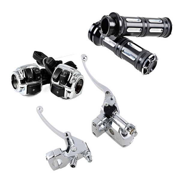 CHROME Motorcycle 1" Handlebar Switches Control Horn On/Off Kit + 1 inch Brake Clutch Levers & Handlebar Hand Grips Compatible with Harley CHROME Motorcycle 1" Handlebar Switches Control Horn On/Off Kit + 1 inch Brake Clutch Levers & Handlebar Hand Grips Compatible with Harley
