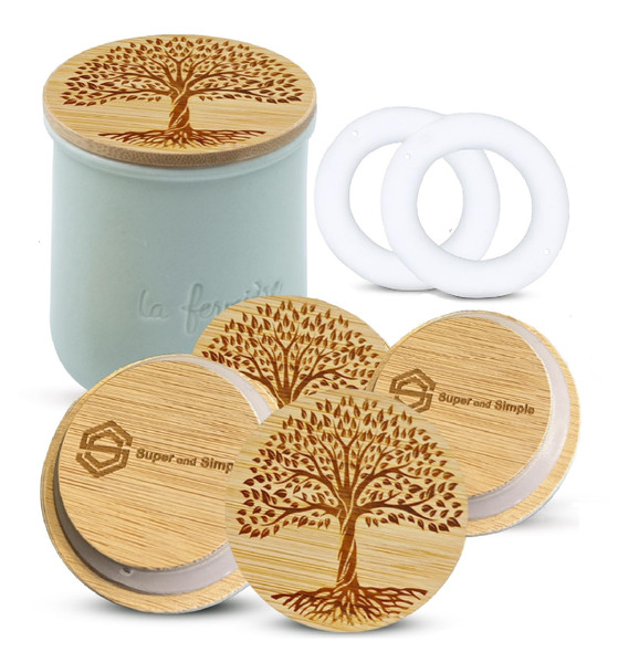 La Fermiere Yogurt Jar Lids Bamboo | 4 Pack - Tree of Life Design| Engraved Bamboo Yogurt Jar Lids for La Fermiere Ceramic Jars | Decorative Covers for La Fermiere Glass Yogurt Pots| Reusable Jar Tops