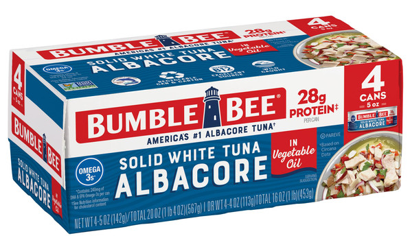 Bumble Bee Solid White Albacore Tuna in Oil, 5 oz Can (Pack of 4) - Wild Caught Tuna - 28g Protein per Serving, High in Omega-3s - Non-GMO Project Verified, Gluten Free, Kosher Bumble Bee Solid White Albacore Tuna in Oil, 5 oz Can (Pack of 4) - Wild Caught Tuna - 28g Protein per Serving, High in Omega-3s - Non-GMO Project Verified, Gluten Free, Kosher