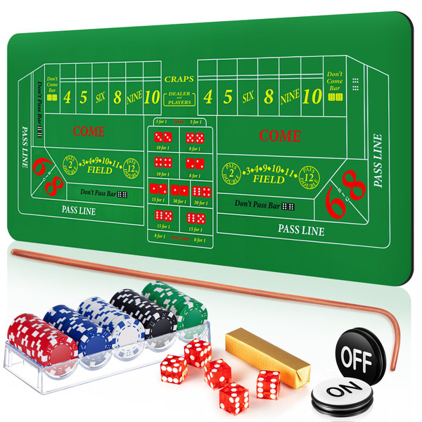 Leyndo Craps Tabletop Game Set, Includes 35" x 70" Rubber Craps Tabletop Layout Mat, 36" Rattan Stick, Casino Grade AAA 19mm Dice, 3 Inch On/Off Buttons and 100 Poker Chips with Case Leyndo Craps Tabletop Game Set, Includes 35" x 70" Rubber Craps Tabletop Layout Mat, 36" Rattan Stick, Casino Grade AAA 19mm Dice, 3 Inch On/Off Buttons and 100 Poker Chips with Case