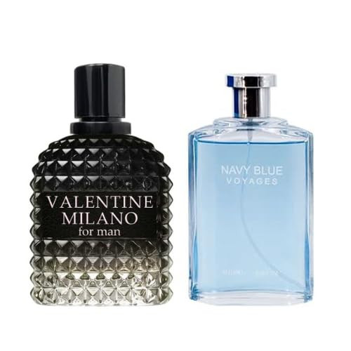 Lomitin Valentine Milano for Men (EDP) & Navy Blue Voyages (EDT), Warm Masculine Scent for Daily Use, Casual Men's Cologne, 3.4oz/100ml (Pack of 2)