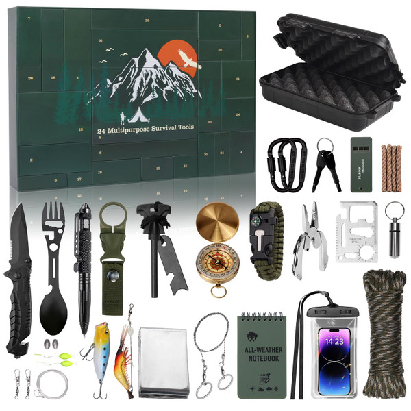 Advent Calendar Survival Kits for Men - 24 Days Christmas Countdown Calendar Emergency Survival Gears Gift for Teen Adult, 2025 Xmas Cool Gadgets for Outdoor Camping Fishing Hunting Adventure