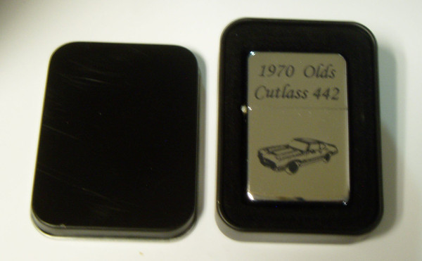 Oldsmobile Cutlass 442 Engraved Chrome Plated Brass Refillable Lighter in Black tin case