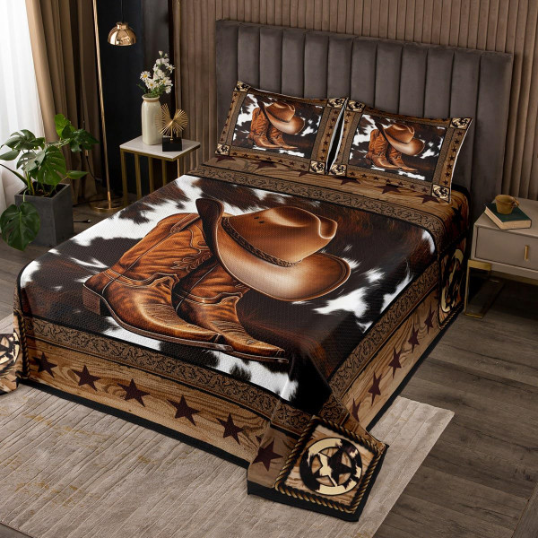 Manfei Western Cowboy Bedspread King Size,Western Texas Star Wooden Plank Rustic Coverlet Set,Boys Girls Adults Room Decor,Cow Fur Farmhouse Quilted Coverlet,Brown Retro Bedding Quilt,2 Pillowcases