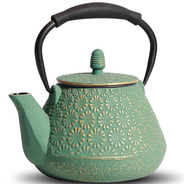MILVBUSISS Cast Iron Teapot, 32oz Japanese Sakura Blossom Pattern Tea Kettle, Stovetop Safe, Infuser for Loose Leaf & Coffee, Silicone Handle, Enamel Interior, 950ml Green