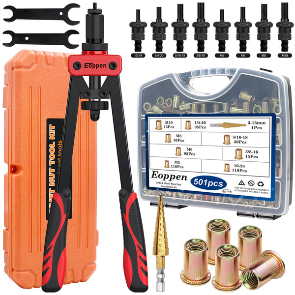 Eoppen Rivet Nut Tool Kit, Rivnut Tool Kit with 8 Metric and SAE Mandrels (M5, M6, M8, M10, 10-24, 1/4-20, 5/16-18, 3/8-16) and 500Pcs Rivet Nuts with a Step Drill Bit and Rugged Carrying Case Eoppen Rivet Nut Tool Kit, Rivnut Tool Kit with 8 Metric and SAE Mandrels (M5, M6, M8, M10, 10-24, 1/4-20, 5/16-18, 3/8-16) and 500Pcs Rivet Nuts with a Step Drill Bit and Rugged Carrying Case